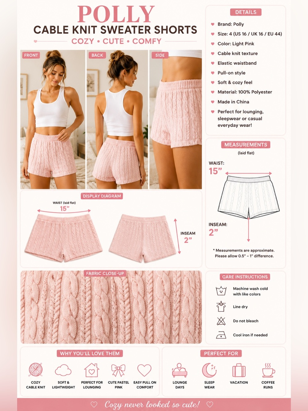 Polly Cable Knit Sweater Lounge Shorts Pink Size 4 US 16 Cozy Soft Pull On